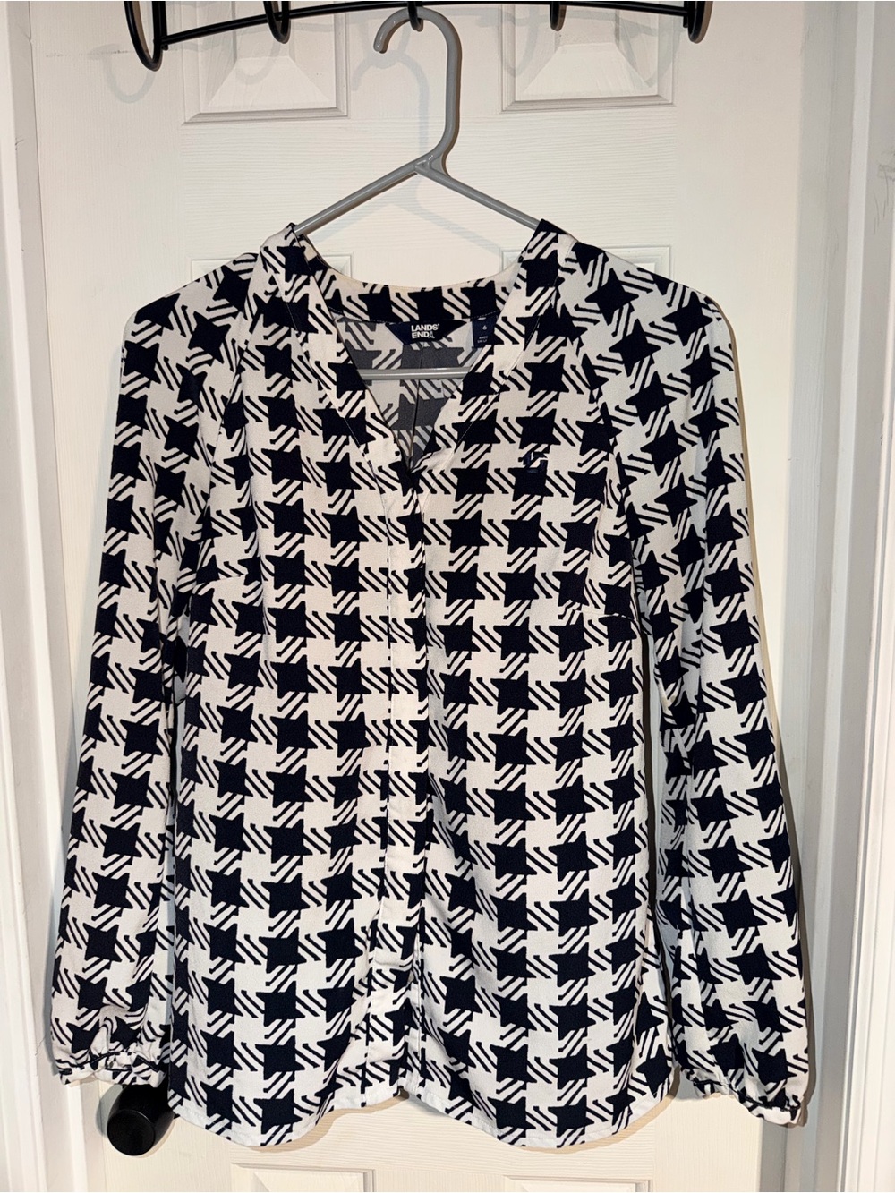 Lands' End Black and White Houndstooth-Style Button Down Blouse